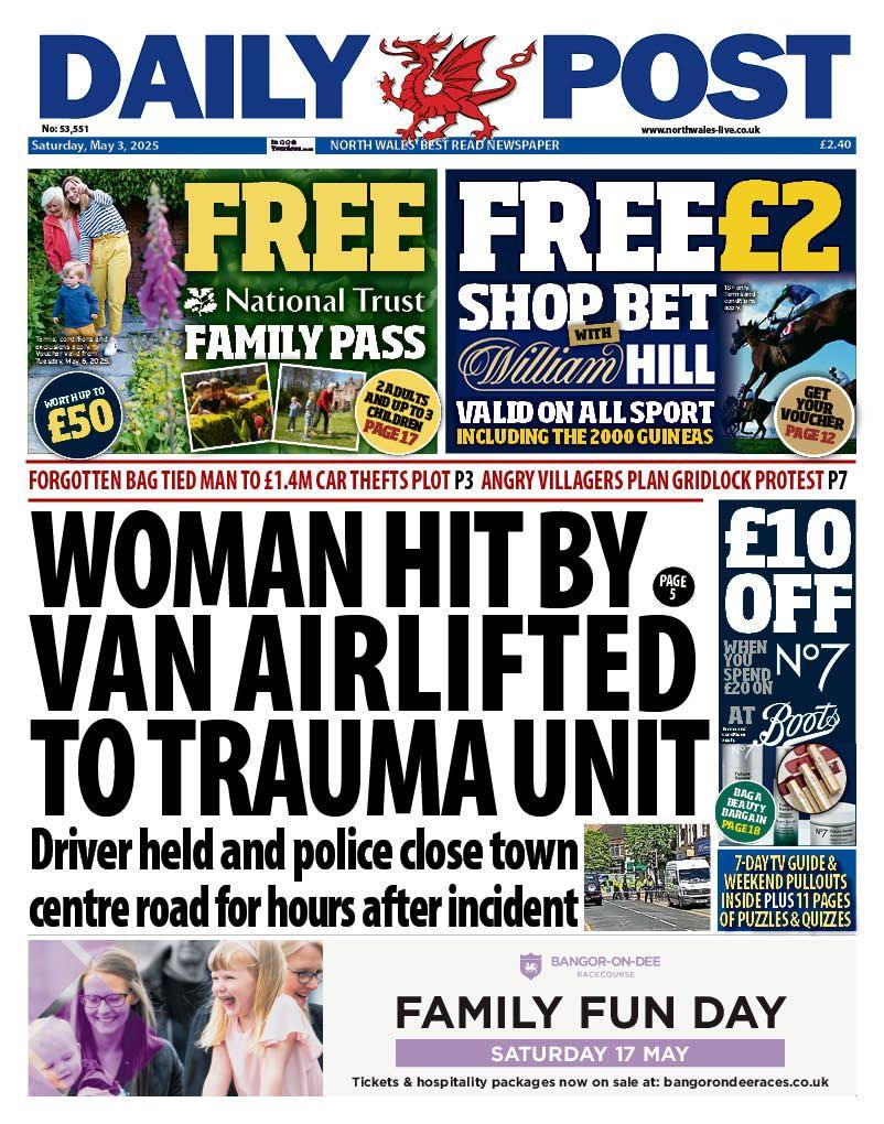 Front page of Daily Post. Main headline reads: Woman hit by van airlifted to trauma unit: Driver held and police close town centre for hours after incident. Other headlines read: Forgotten bag tied man to £1.4m car thefts plot, and angry villagers plan gridlock protest. 