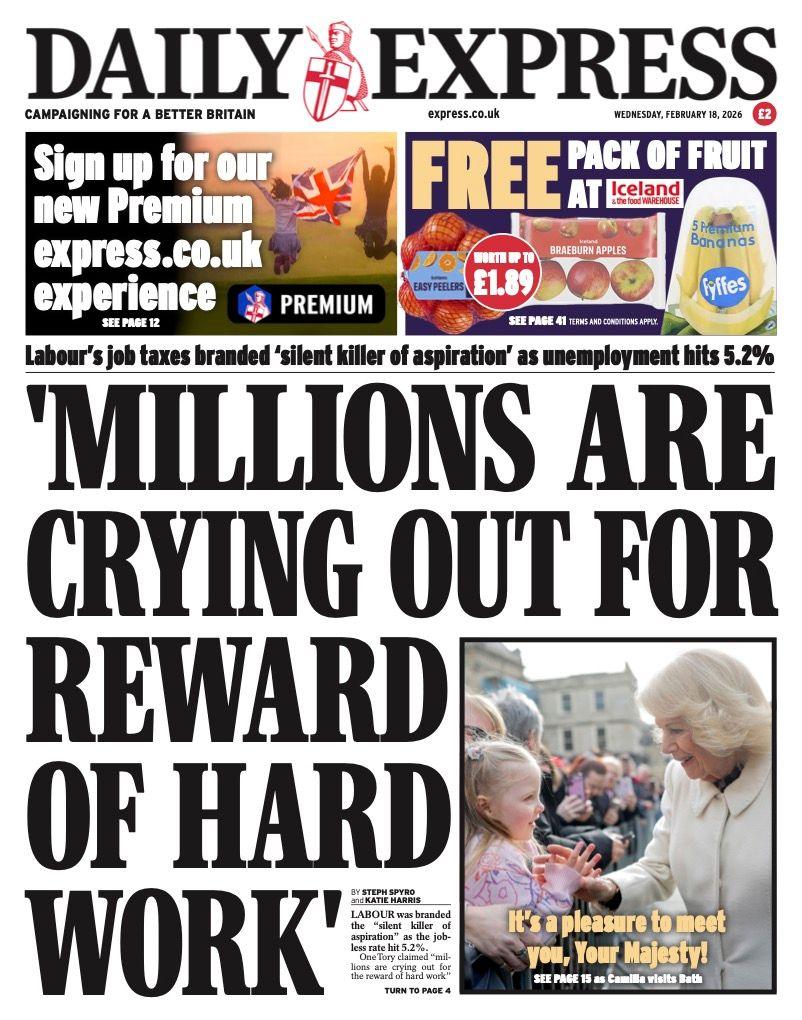 The front page of the Daily Express reads: "Millions are crying out for reward of hard work."