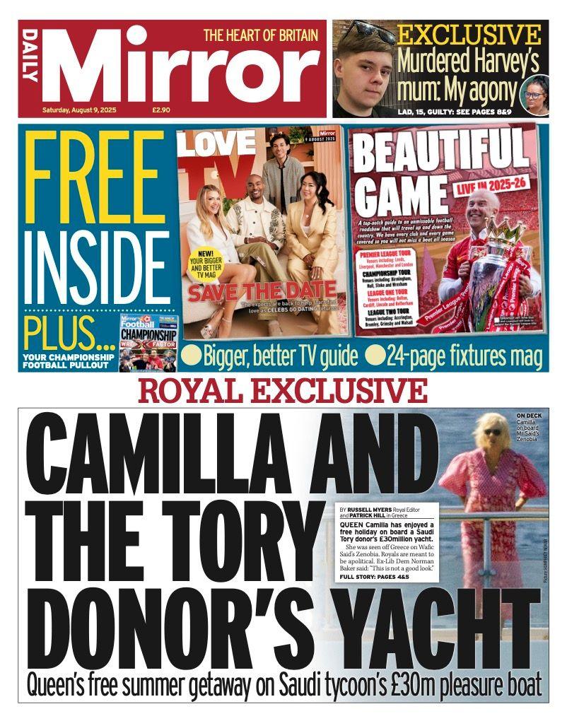 The headline on the front page of the Daily Mirror reads: "Camilla and the Tory donor's yacht".