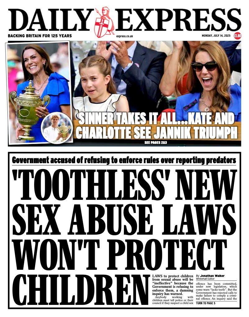 The headline on the front page of the Daily Express reads: “'Toothless' new sex abuse laws won't protect children”.’