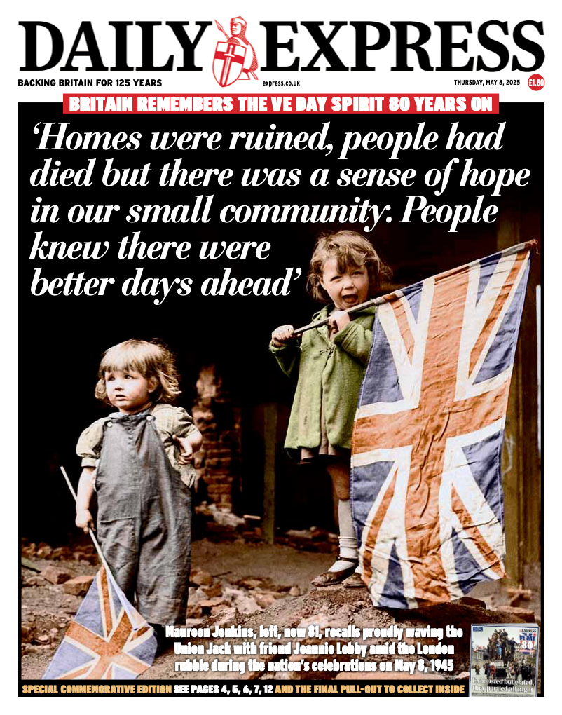 The front page of the Daily Express shows two small children standing in rubble and waving Union Jacks as part of celebrations in 1945. The paper's headline reads "Homes were ruined, people had died but there was a sense of hope in our small community: People knew there were better days ahead".