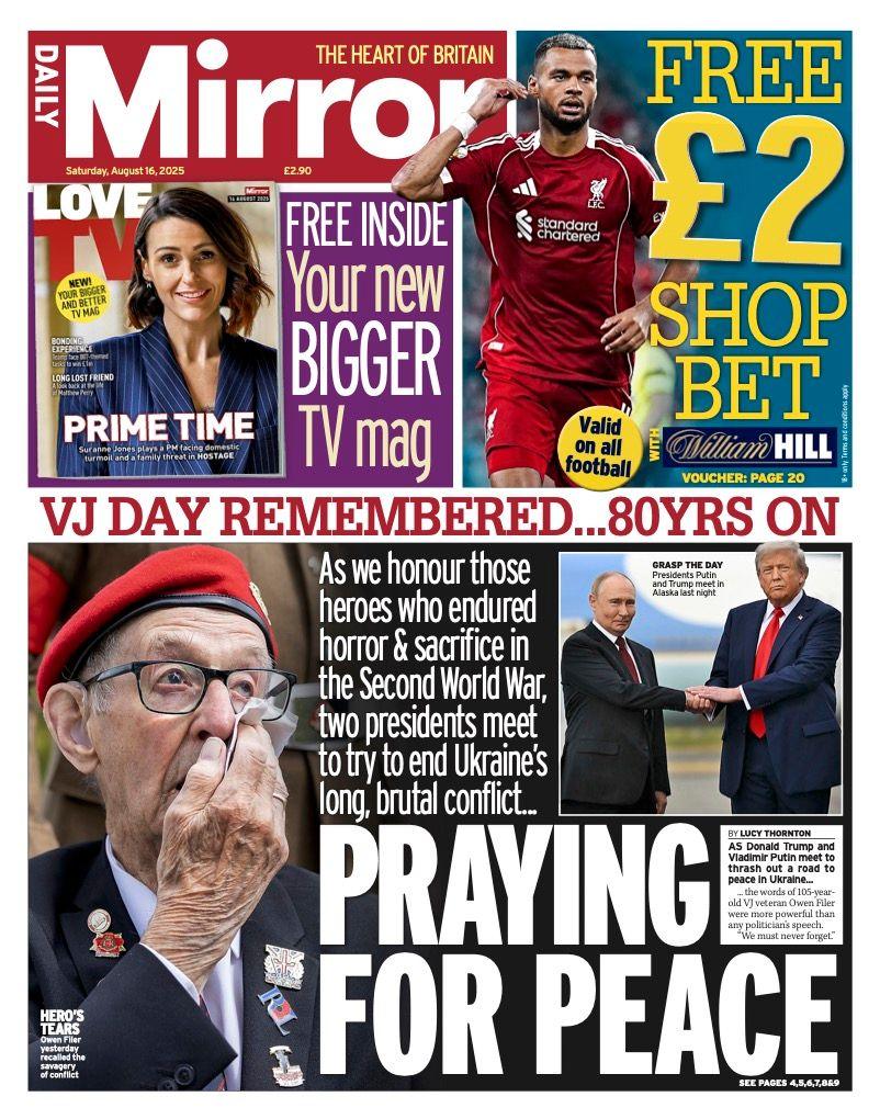 The headline on the front page of the Daily Mirror reads: "Praying for peace".