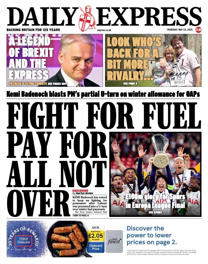 The headline on the front page of the Daily Express reads: "Fight for fuel pay for all not over".