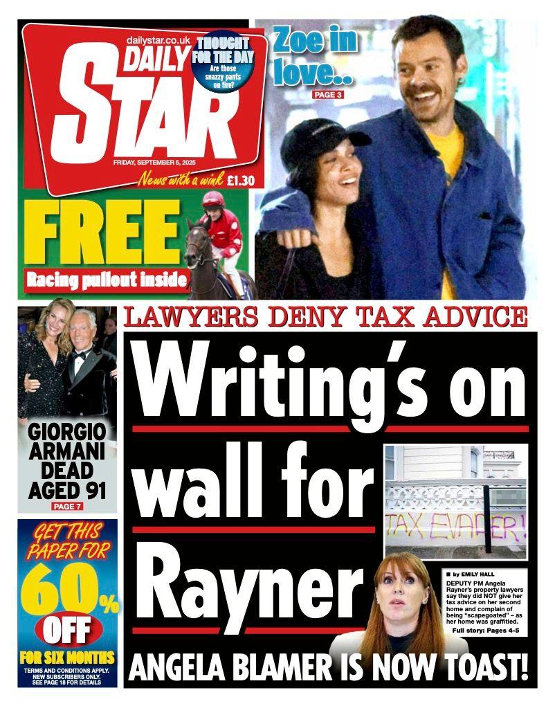 The headline on the front page of the Daily Star reads: "Writing's on wall for Rayner".