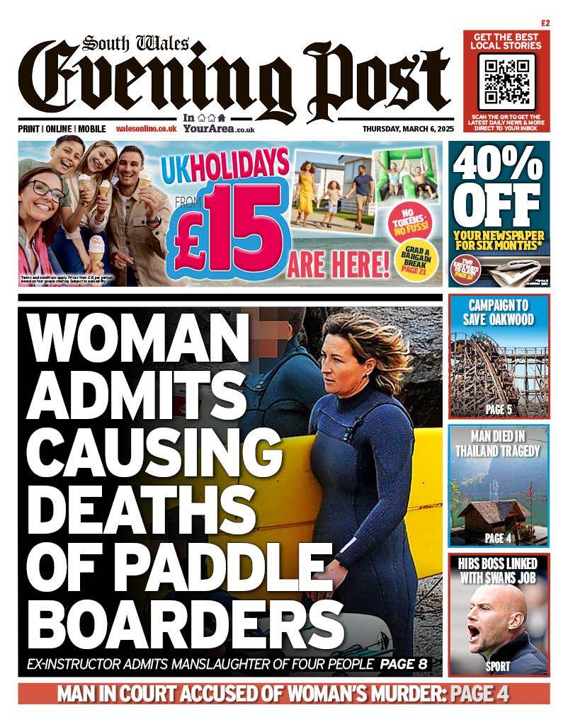 Front page of the South Wales Evening Post shows a woman in as wetsuit carrying a yellow paddle board next the headline, woman admits causing deaths of paddle boarders 