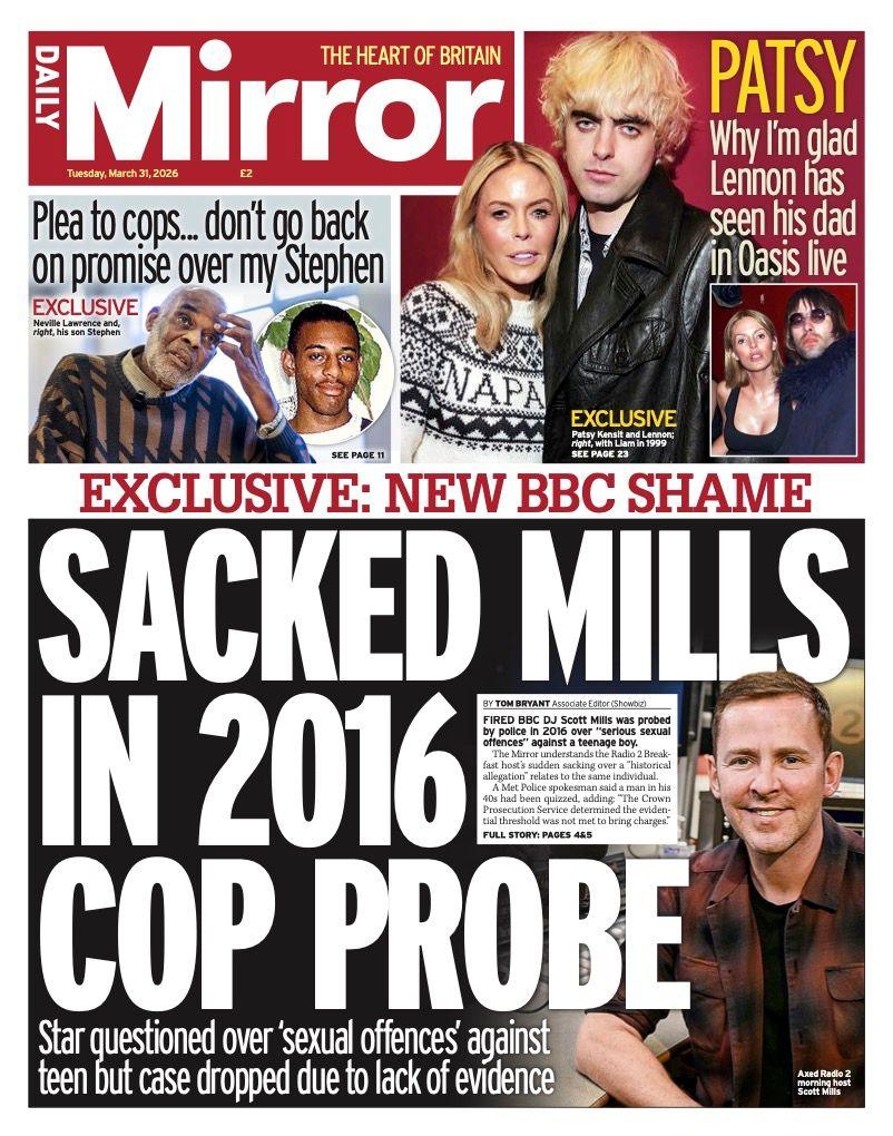 Titulli në faqen e parë të Mirror thotë: "Mills u shkarkua në një hetim policor të vitit 2016".