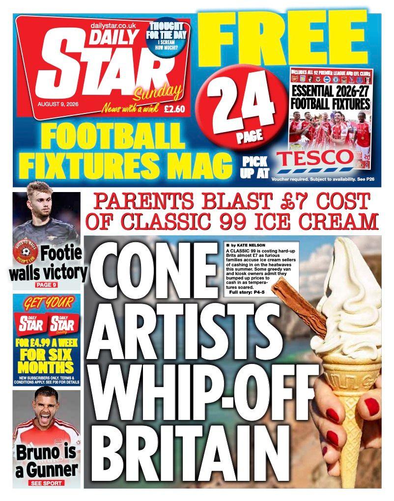 The headline on the front page of the Daily Star reads: “Cone artists whip-off Britain”.