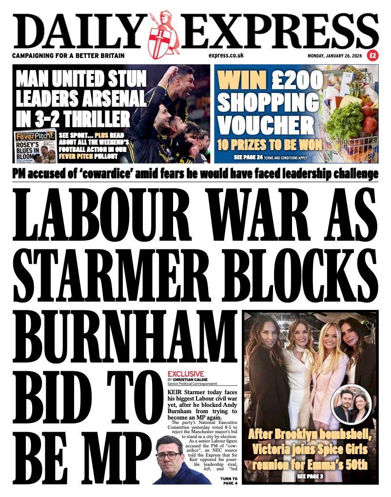 Titulli në faqen e parë të gazetës Express thotë: “Lufta e Partisë Laburiste, ndërsa Starmer bllokon kandidaturën e Burnham për t’u bërë deputete”.