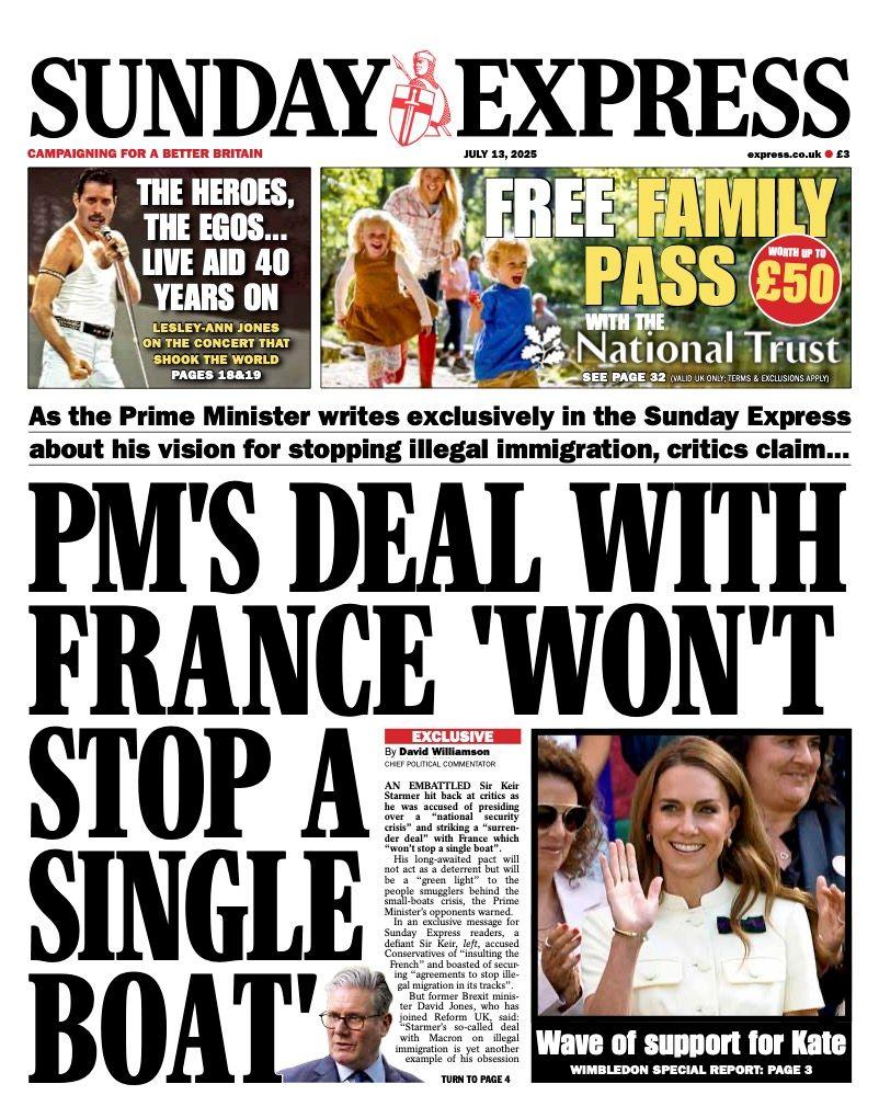 The headline on the front page of the Sunday Express reads: "PM's deal with France 'won't stop a single boat'".

