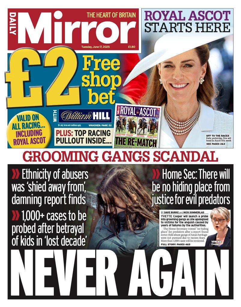 The headline on the front page of the Daily Mirror reads: "Never again".