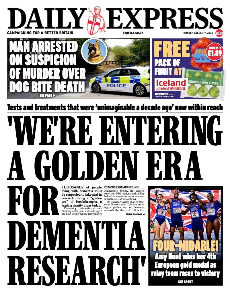 The headline on the front page of the Daily Express reads: "We're entering a golden era for demential research."