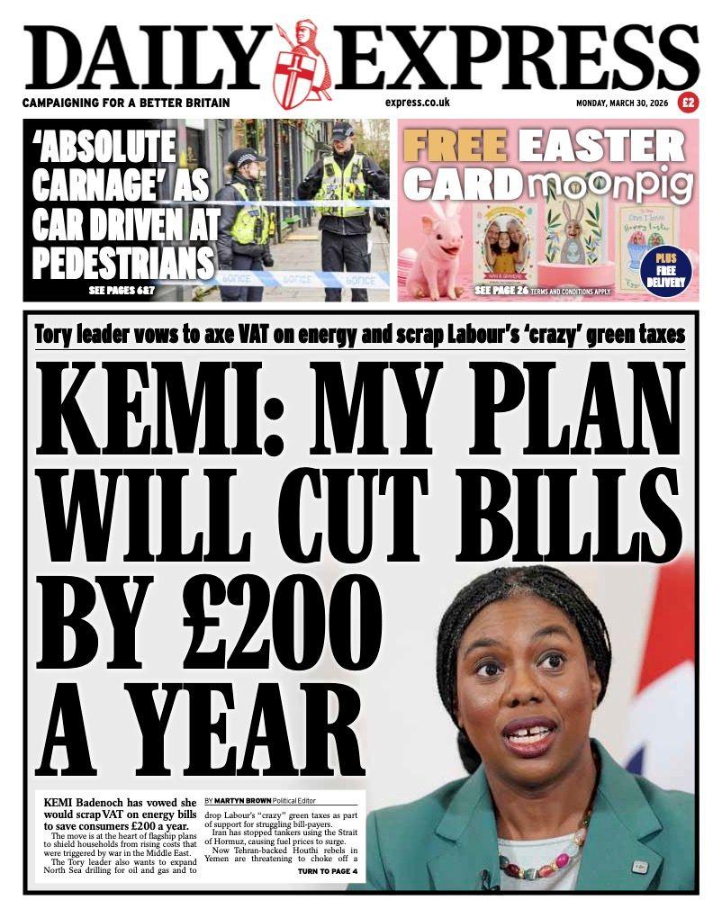 Titulli në faqen e parë të Daily Express thotë: "Kemi: Plani im do të ulë faturat me 200 paund në vit."