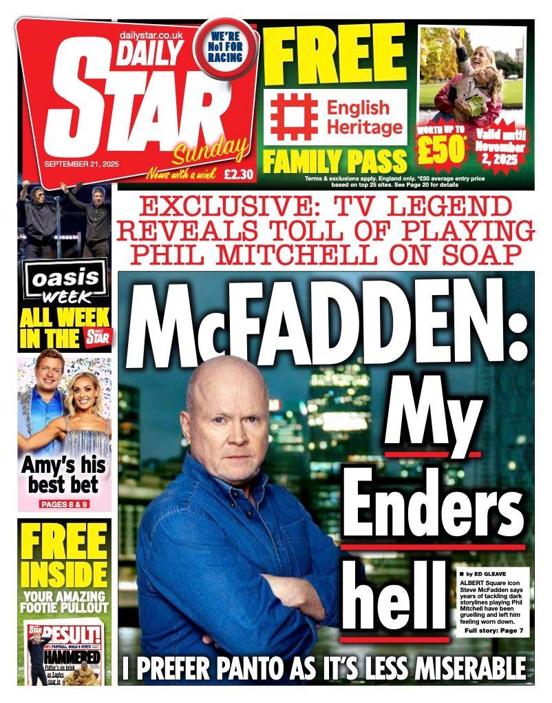 The headline on the front page of the Daily Star reads: "McFadden: my Enders hell".