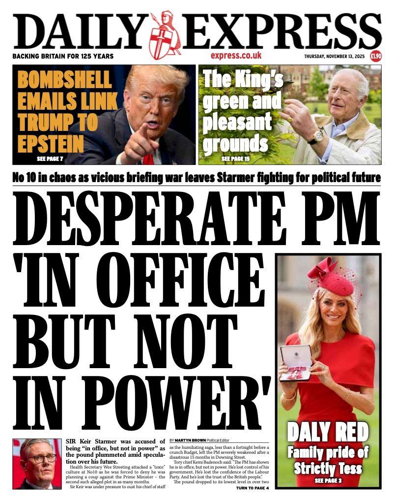 The headline on the front page of the Daily Express reads: "Desperate PM 'in office but not in power'".