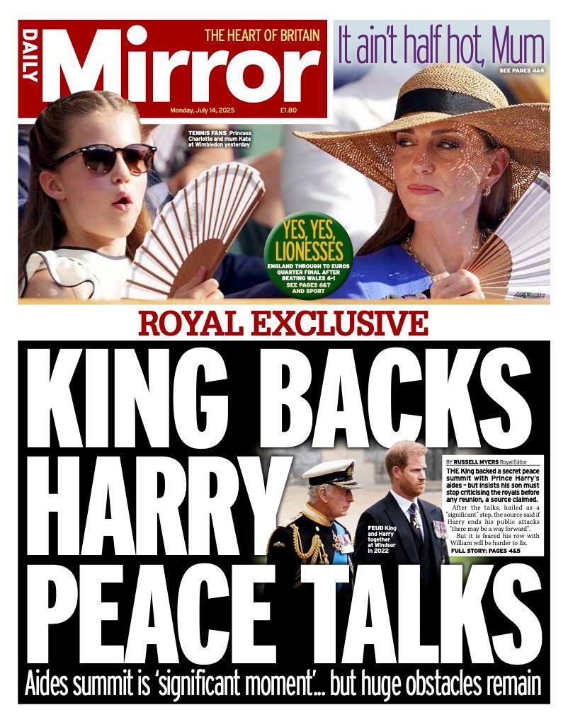 The headline on the front page of the Daily Mirror reads: “King backs Harry peace talks”.
