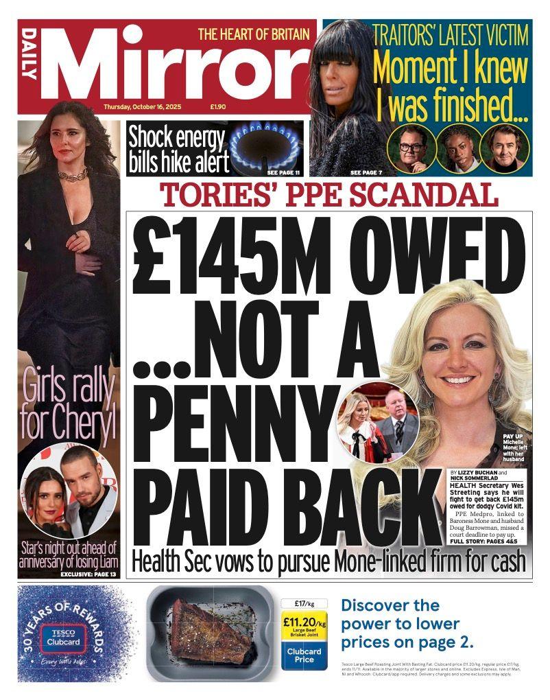 The headline on the front page of the Mirror reads: "£145m owed... not a penny paid back".