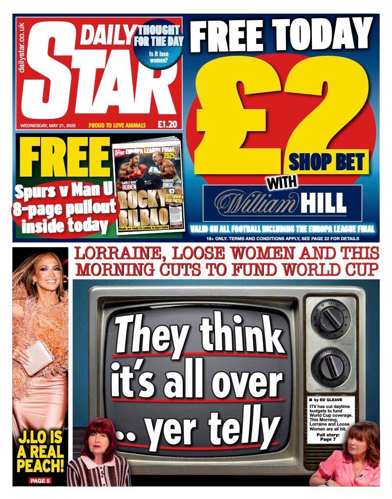 The headline of the front page of the Daily Star reads: "They think it's all over... yer telly".