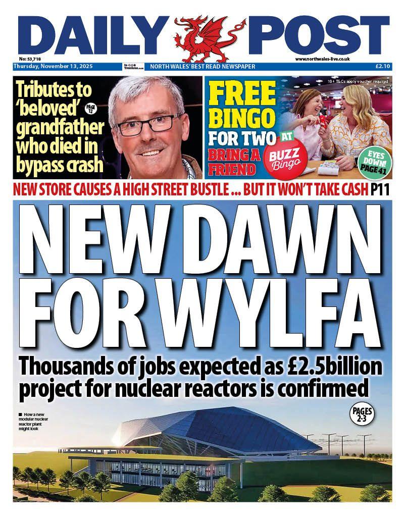 Daily Post front page. The headline is "New Dawn For Wylfa". The picture is a computer generated image