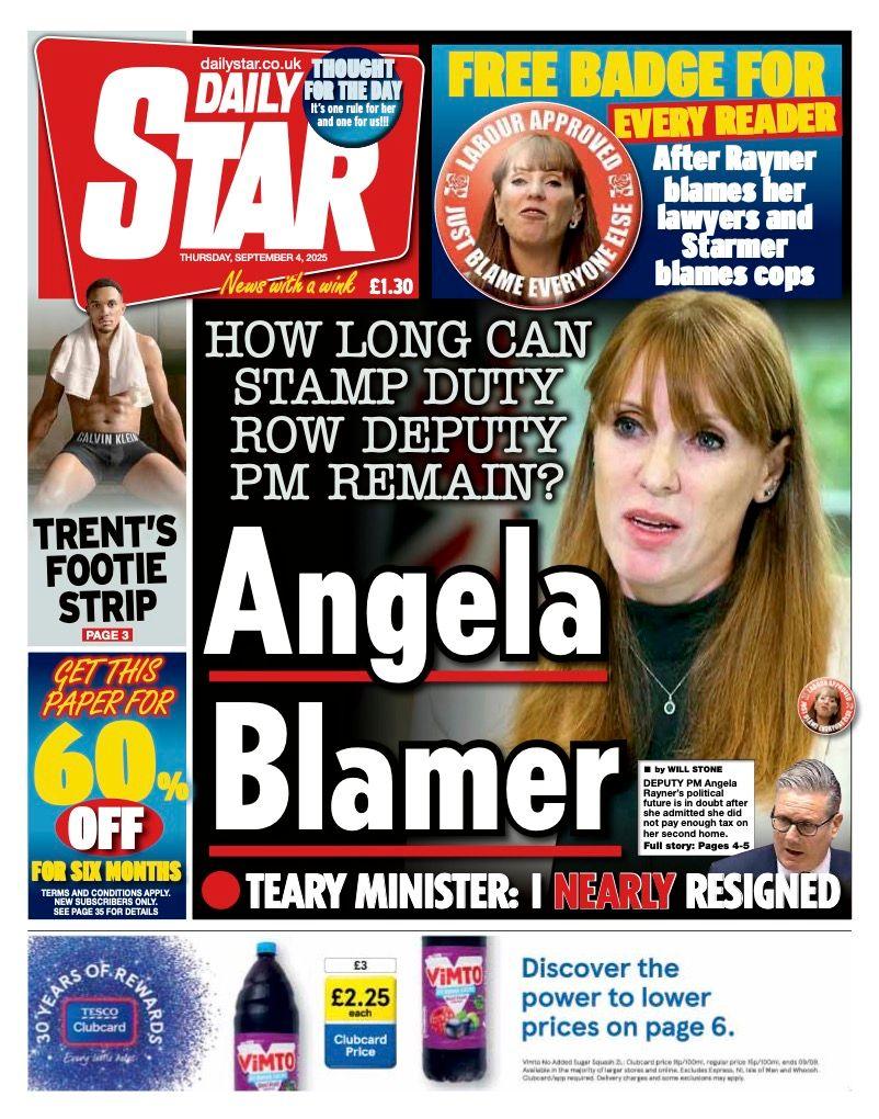 The headline on the front page of the Daily Star reads: "Angela Blamer".