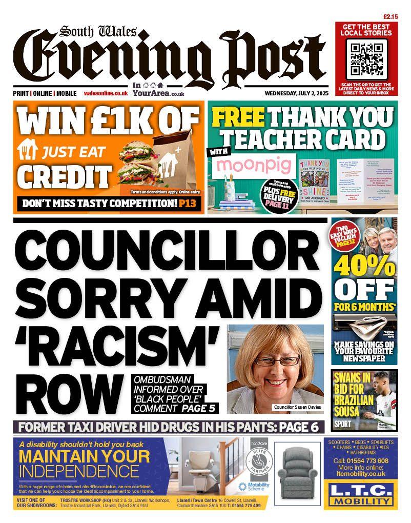 Front page of the South Wales Evening Post with the splash headline "Councillor sorry amid 'racism' row". Below is an advert for stairlifts. Above arr Just Eat and Moonpig adverts. To the right is a 40% off paper subscription coupon and a box with the headline "Swans in bid for Brazilian Sousa".