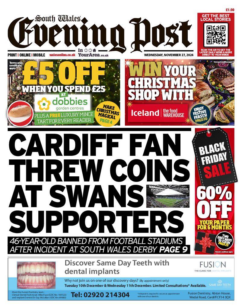 Front page of the South Wales Evening Post 