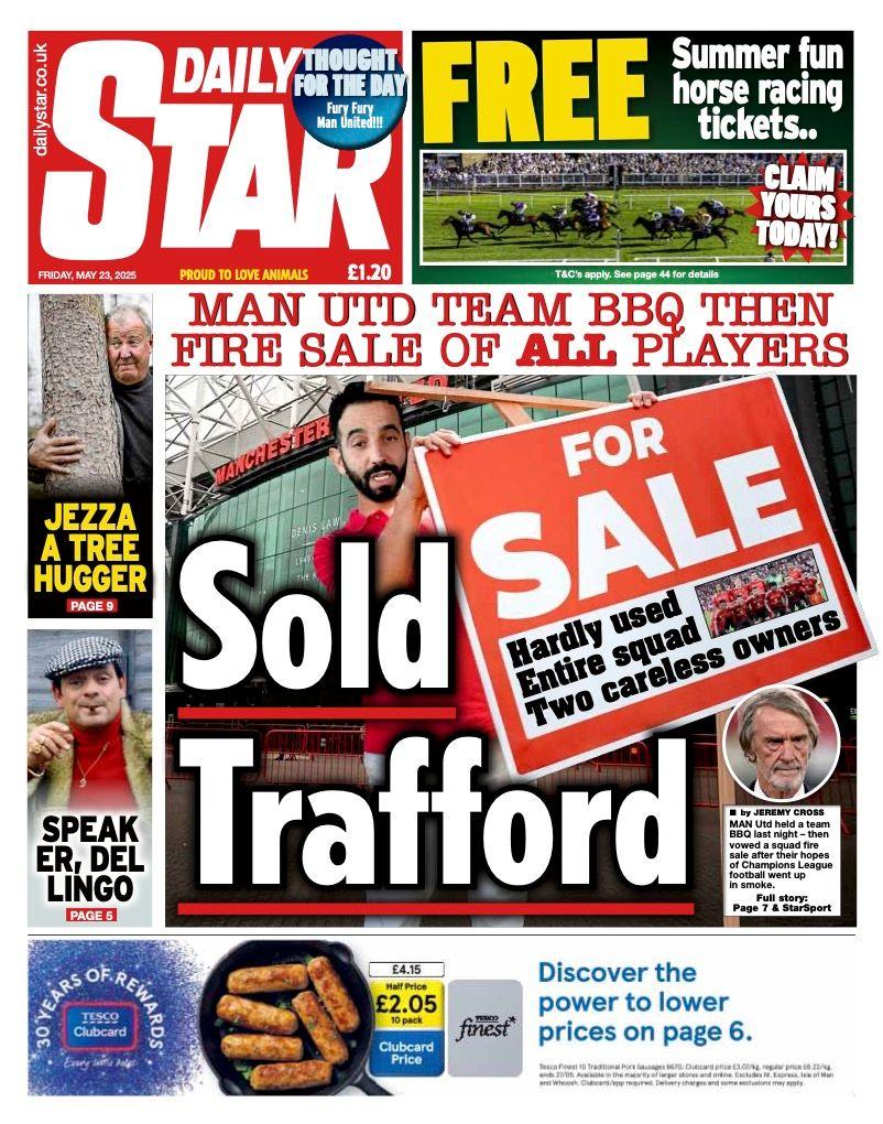 The headline on the front page of the Daily Star reads: "Sold Trafford".