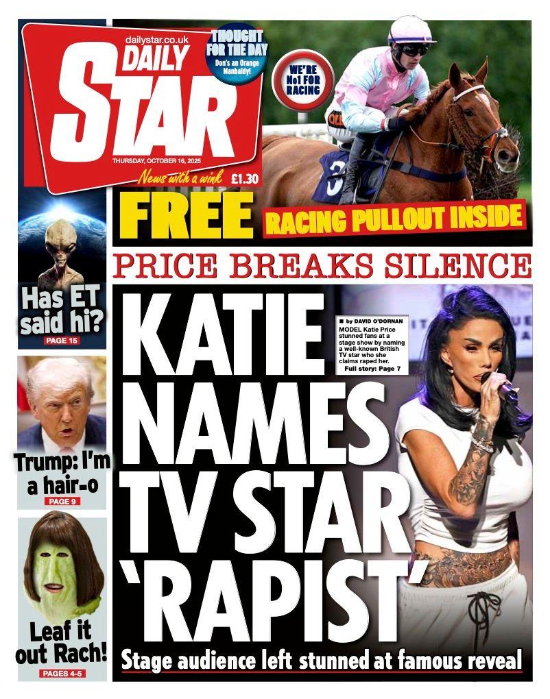 The headline on the front page of the Star reads: "Katie names TV star 'rapist'".