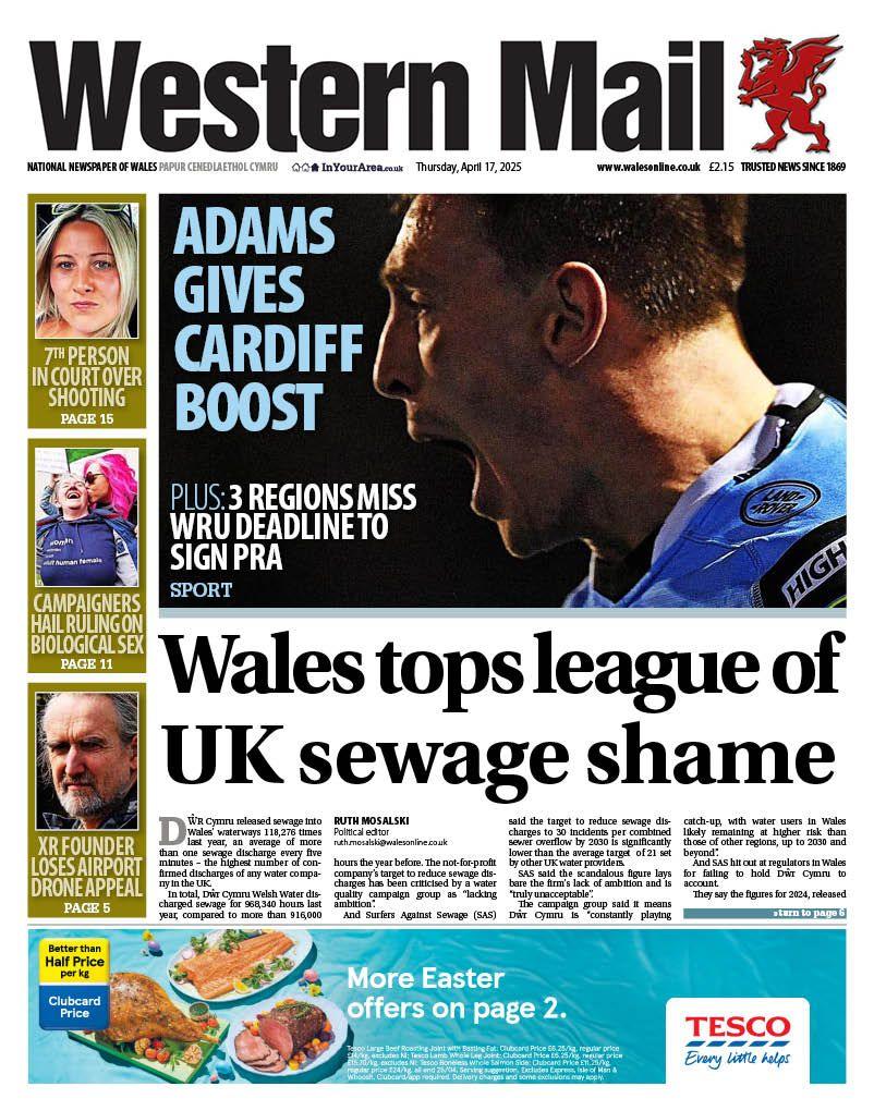 Front page of Western Mail. Main headline reads: Wales tops league of UK sewage shame 