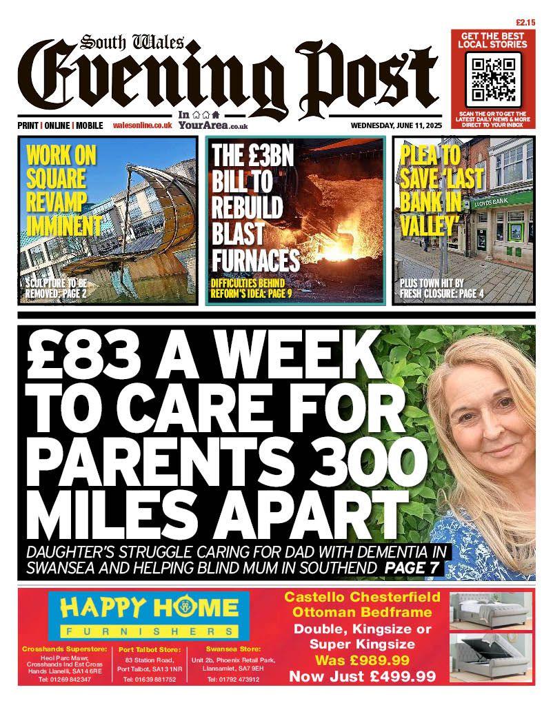 South Wales Evening Post front page. The main story is of a woman with long blonde hair and the headline "£83 a week to care for parents 300 miles apart" 