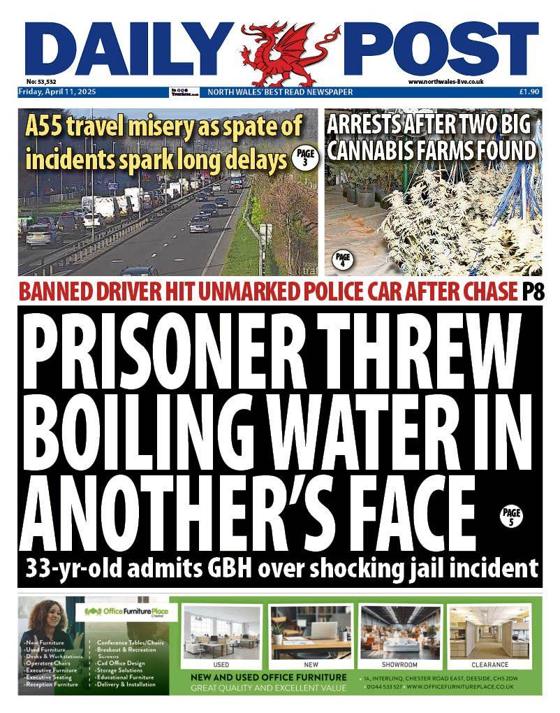 Front page of the Daily Post. Main headline reads: Prisoner threw boiling water in another's face. Other headlines read: Banned driver hit unmarked police car after chase. 