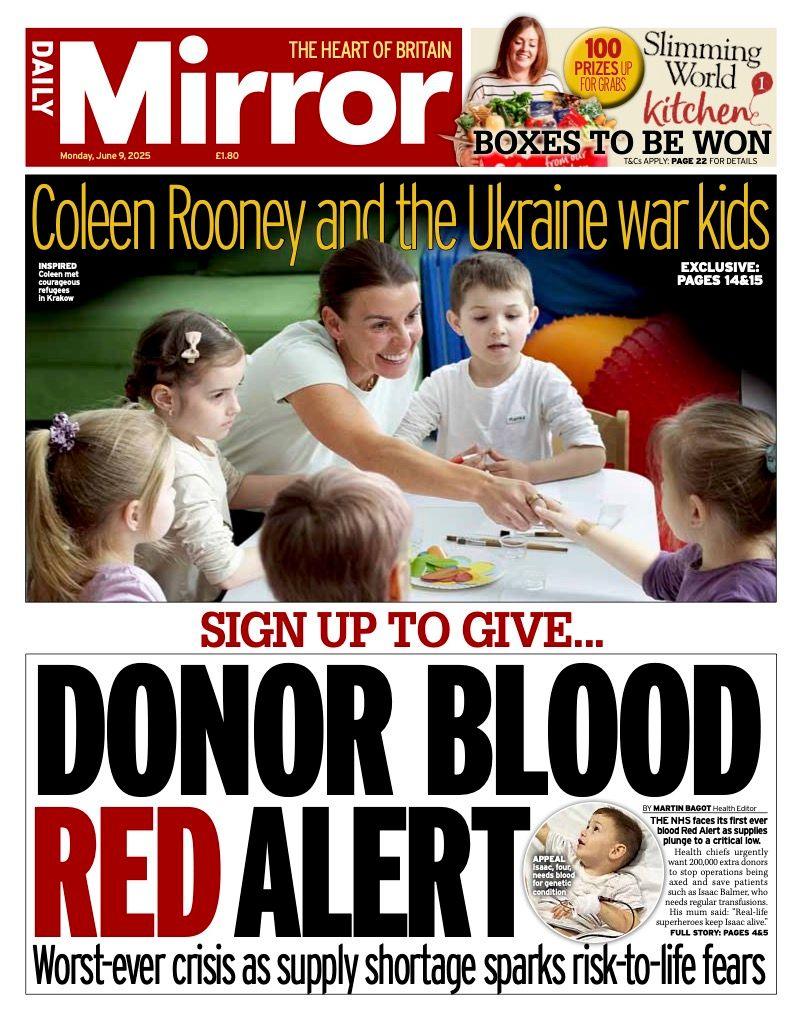 The headline on the front page of the Daily Mirror reads: "Donor blood red alert".