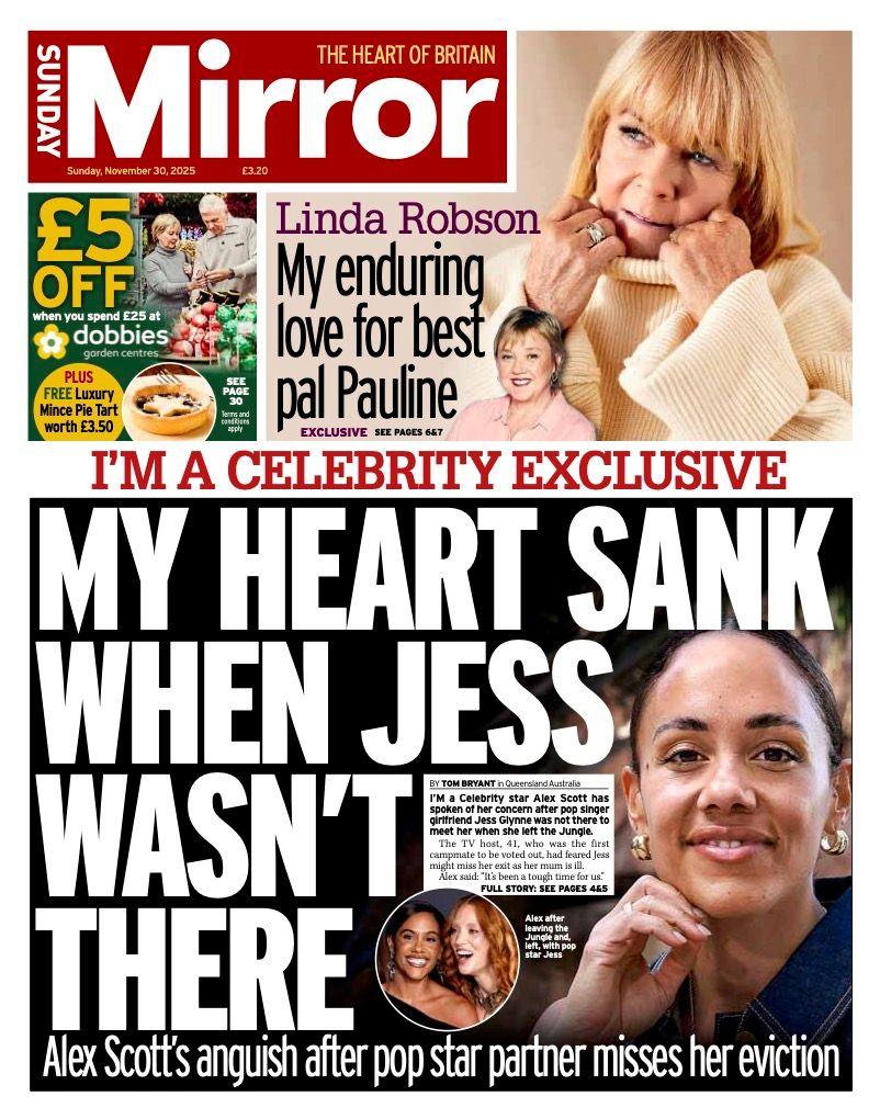 The headline on the front page of the Sunday Mirror reads: "My heart sank when Jess wasn't there".