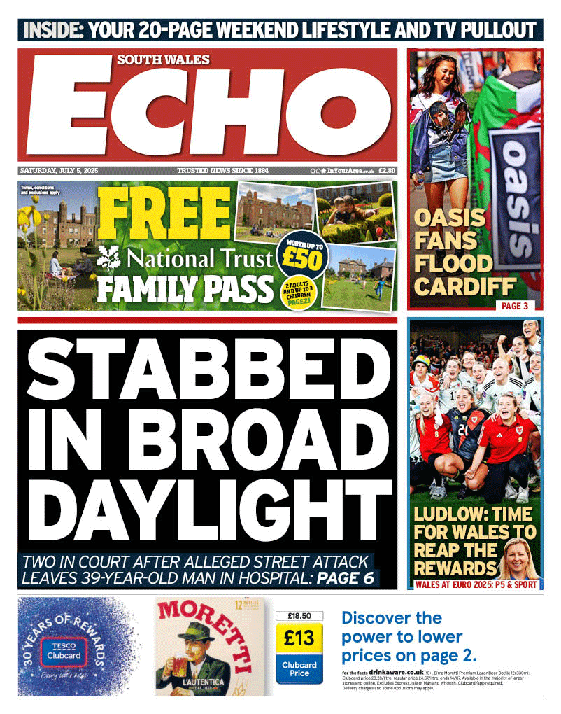 South Wales Echo front page headline: Stabbed in broad daylight