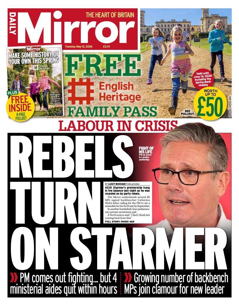 Titulli në faqen e parë të Mirror thotë: “Rebelët i kthehen Starmerit”.