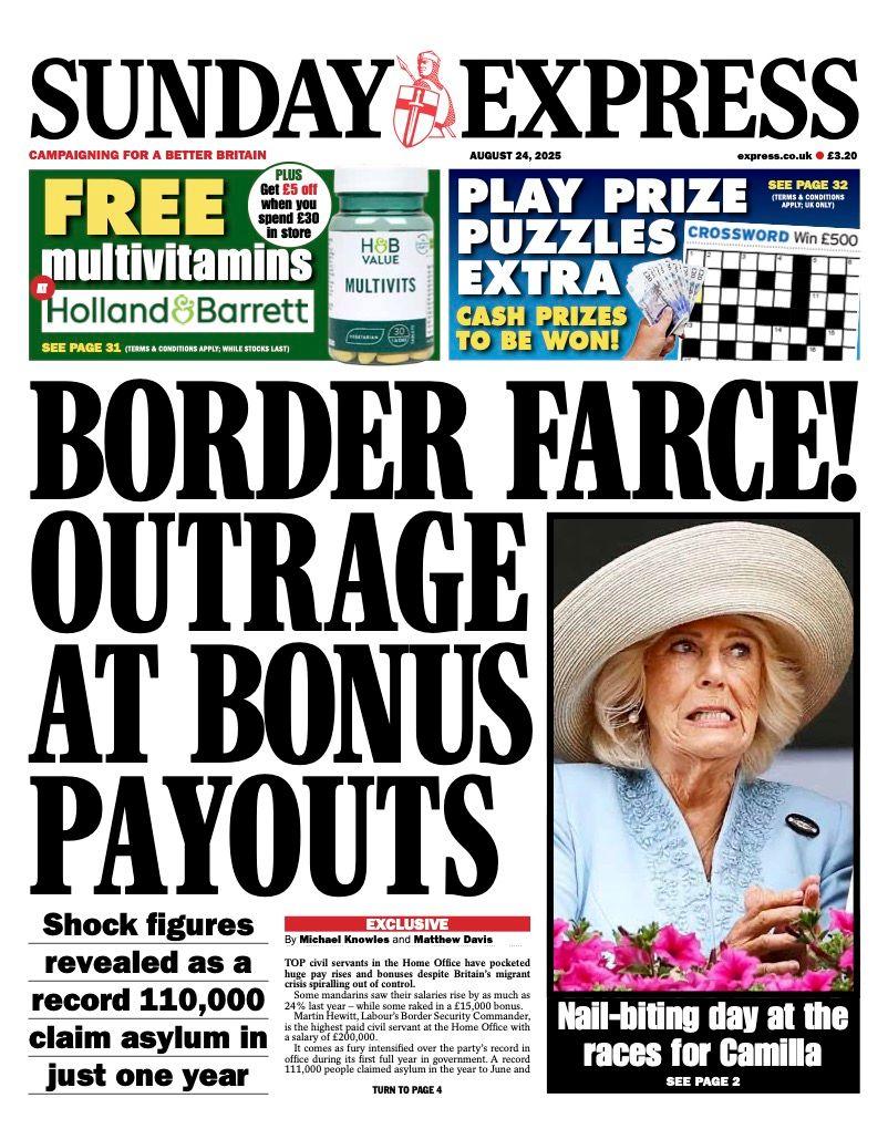 The headline on the front page of the Express reads: “Border farce! Outrage at bonus payouts”.