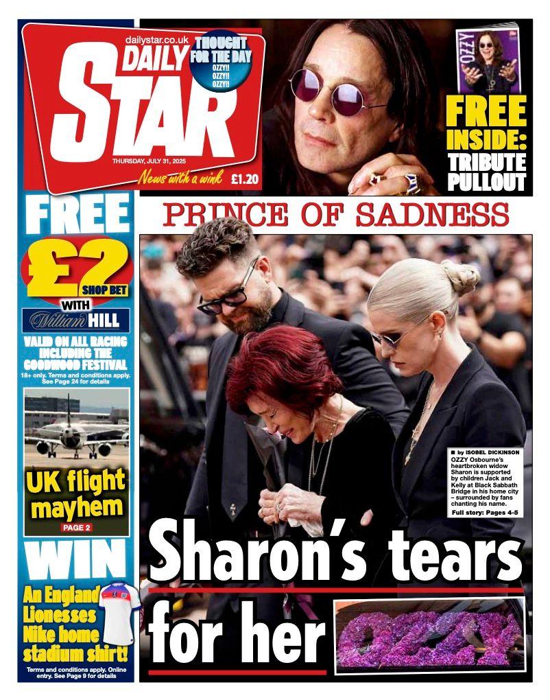 The headline on the front page of the Daily Star reads: "Sharon's tears for her Ozzy".