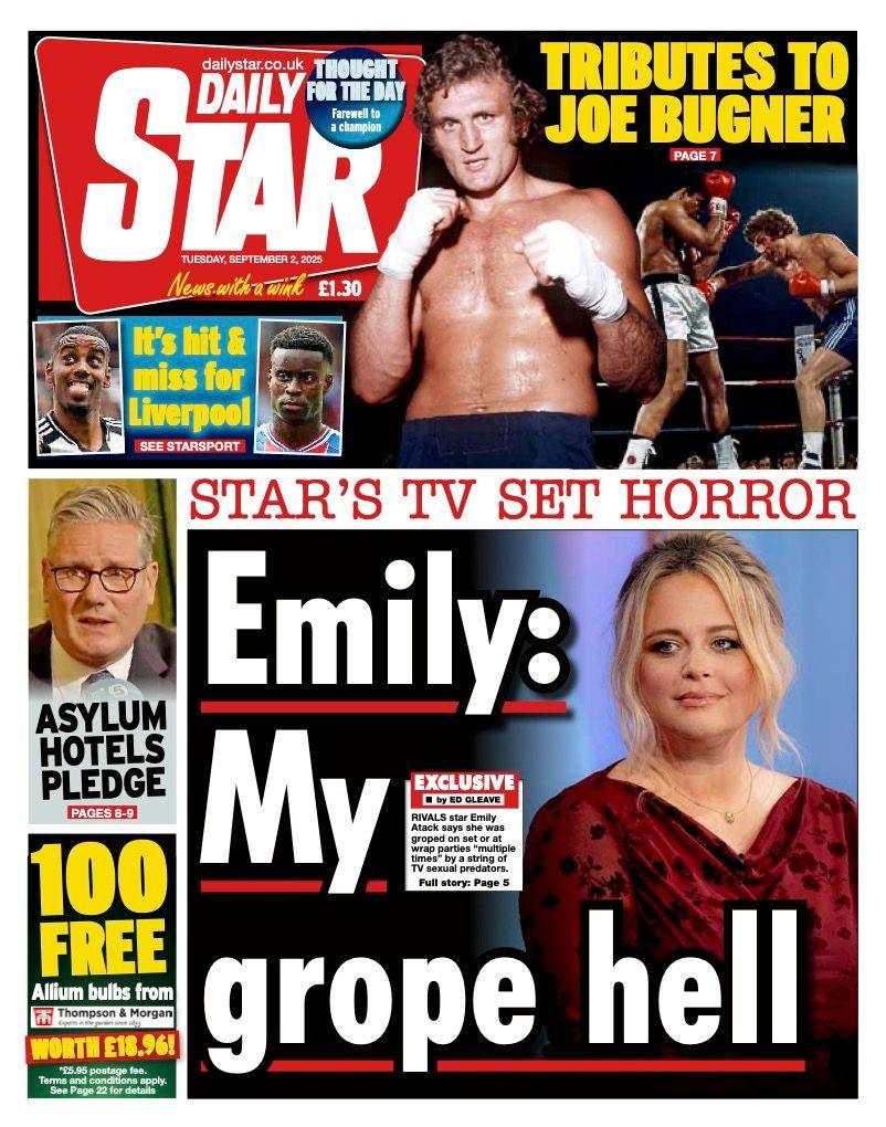 The headline on the front page of the Daily Star reads: "Emily: my grope hell".