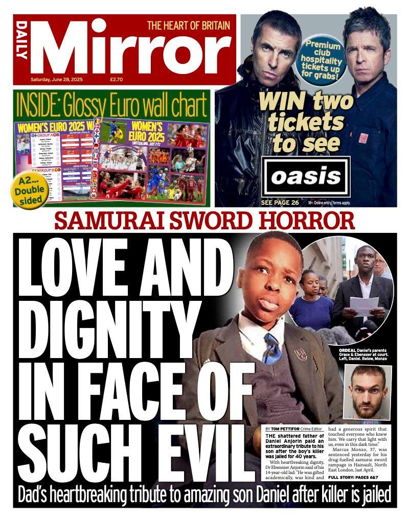 The headline on the front page of the Daily Mirror reads: "Love and dignity in the face of such evil".