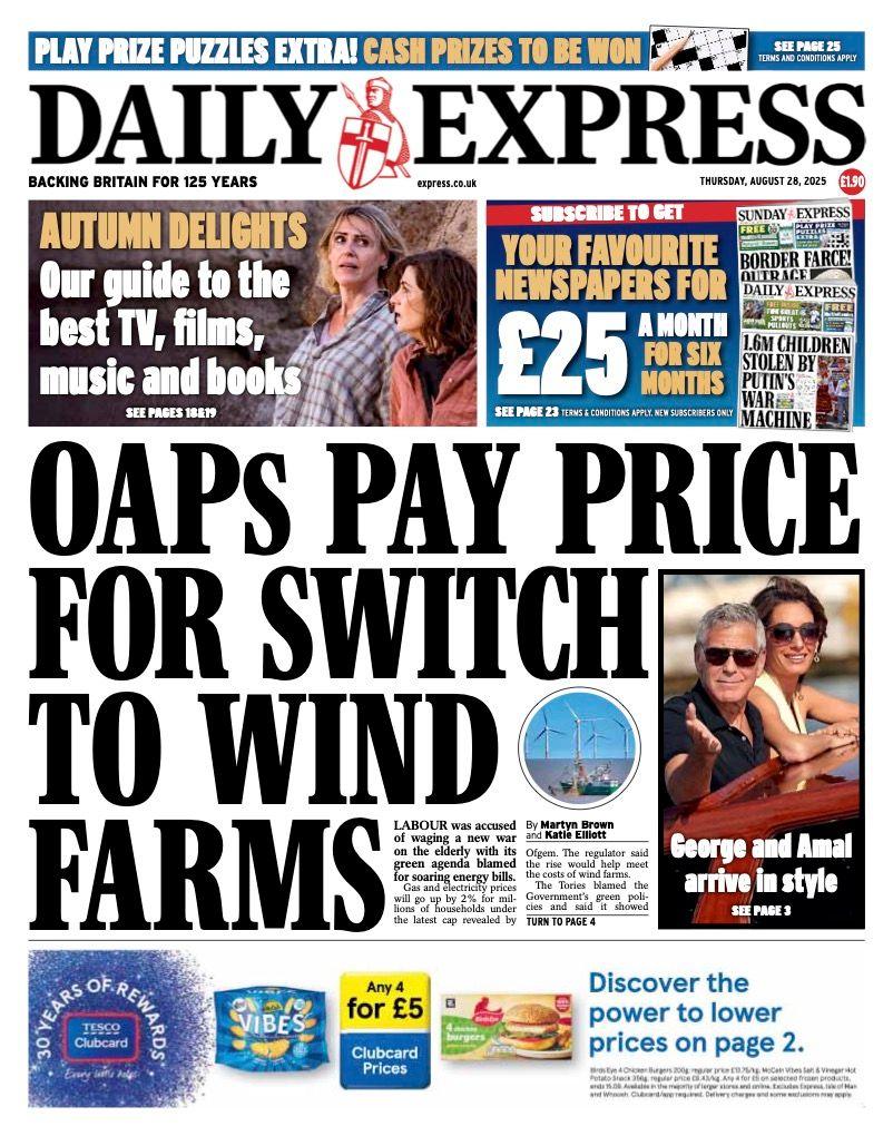The headline on the front page of the Daily Express reads: "OAPs pay price for switch to wind farms".