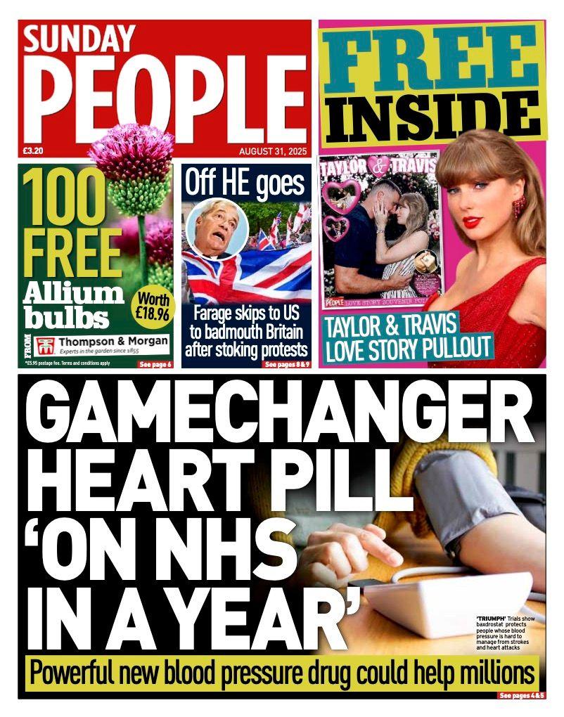 Sunday People shows someone having their blood pressure checked alongside the headline "gamechanger heart pill 'on NHS in a year'".