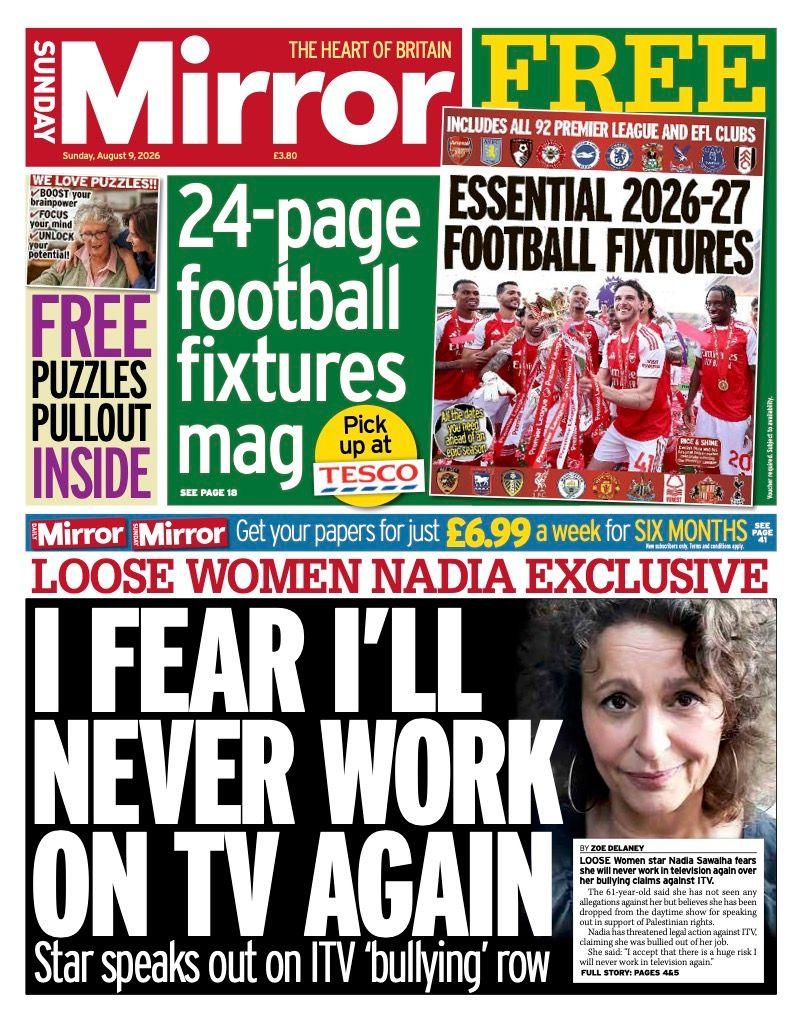 The headline on the front page of the Sunday Mirror reads: “I fear I'll never work on TV again”.