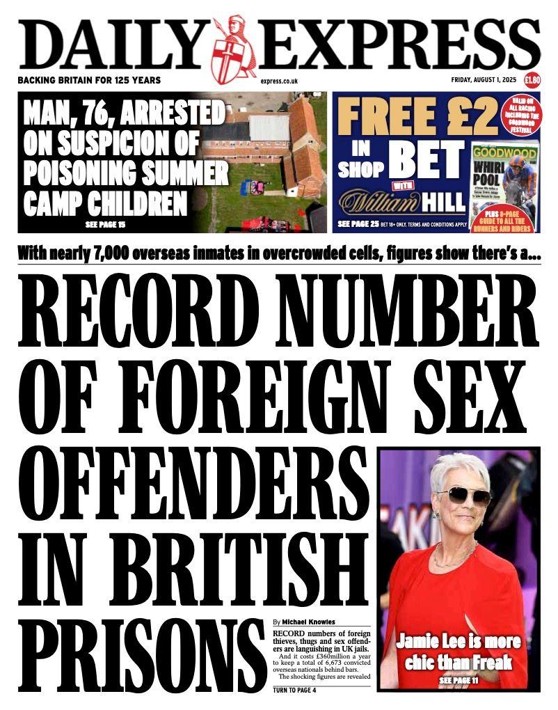The headline on the front page of the Daily Express reads: "Record number of foreign sex offenders in British prisons".