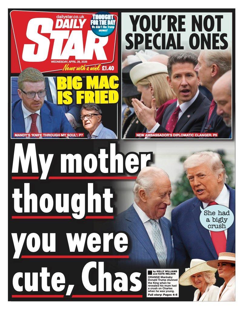 Titulli në faqen e parë të Daily Star thotë: "Nëna ime mendonte se ishe i lezetshëm, Chas."