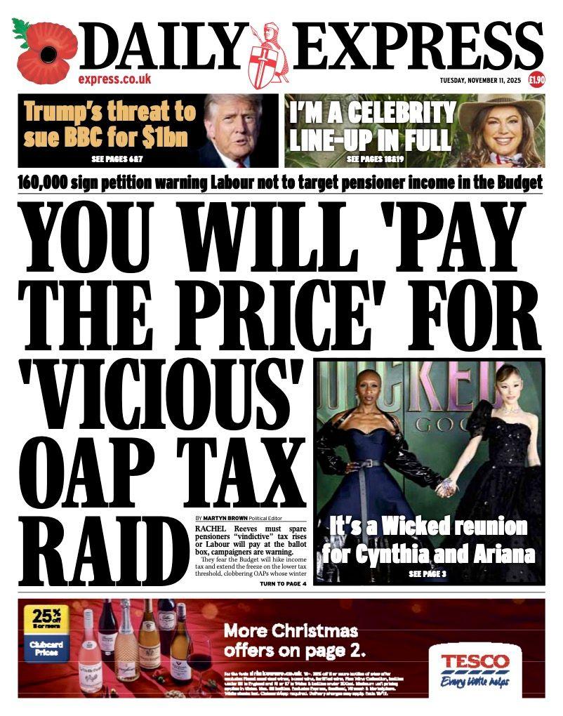Front page of the Daily Express with the headline "You will 'pay' the price' for 'vicious' OAP tax raid.