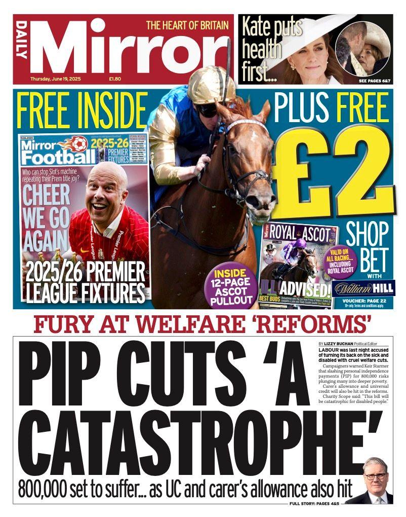 The headline on the front page of the Daily Mirror reads: "Pip cuts 'a catastrophe'".