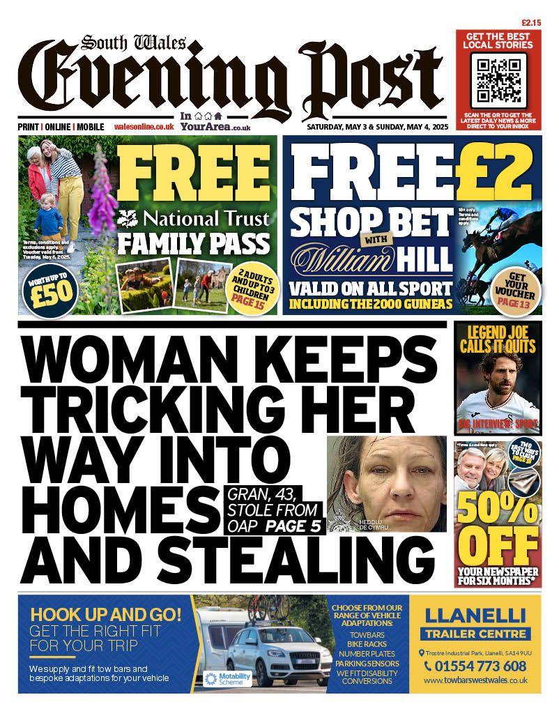 Front page of South Wales Evening Post. Main headline reads: Woman keeps tricking her way into homes and stealing. Other headlines read: Legend Joe calls it quits. 