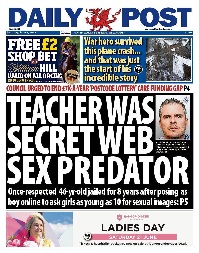 Front page of the Daily Post with the main headline 'teacher was secret web sex predator'. There is a sub headline underneath which reads 'once-respected 46-year-old jailed for 8 years after posing as boy online to ask girls as young as 10 for sexual images'