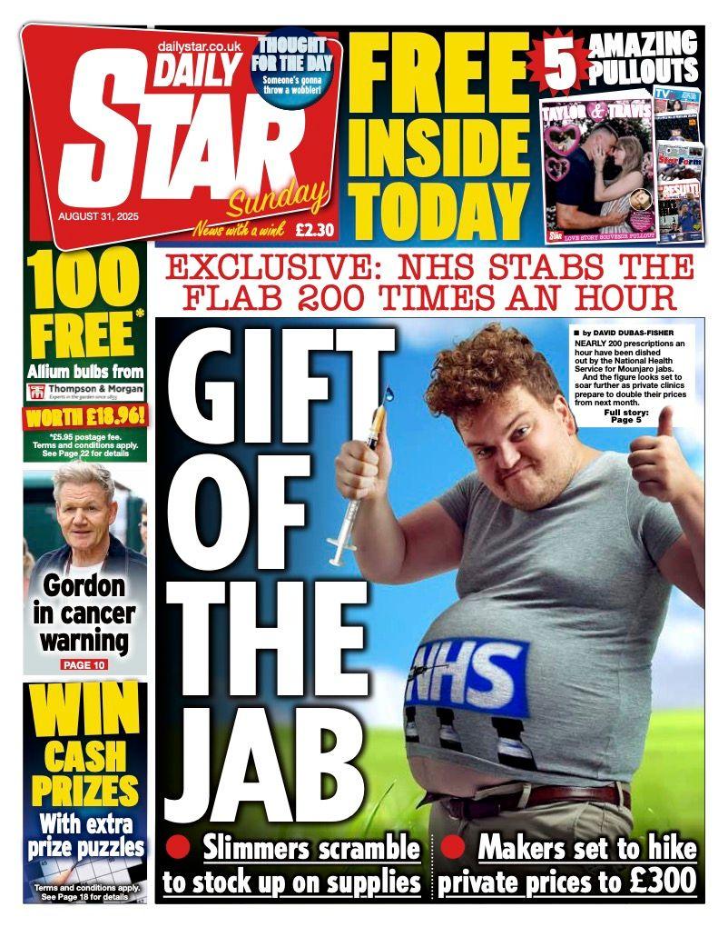"Gift of the jab" reads the Daily Star Sunday's headline alongside a picture of an overweight man wearing an NHS t-shirt holding a needle.