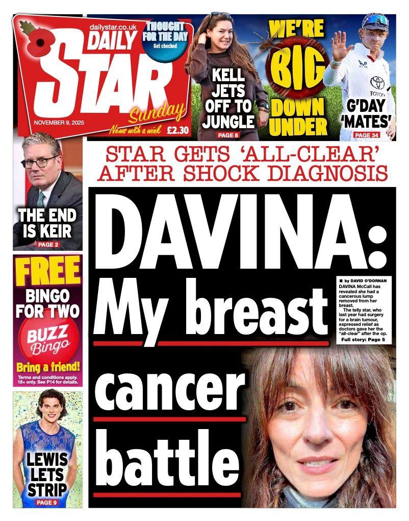 The headline on the front page of the Star reads: “Davina: My breast cancer battle”.