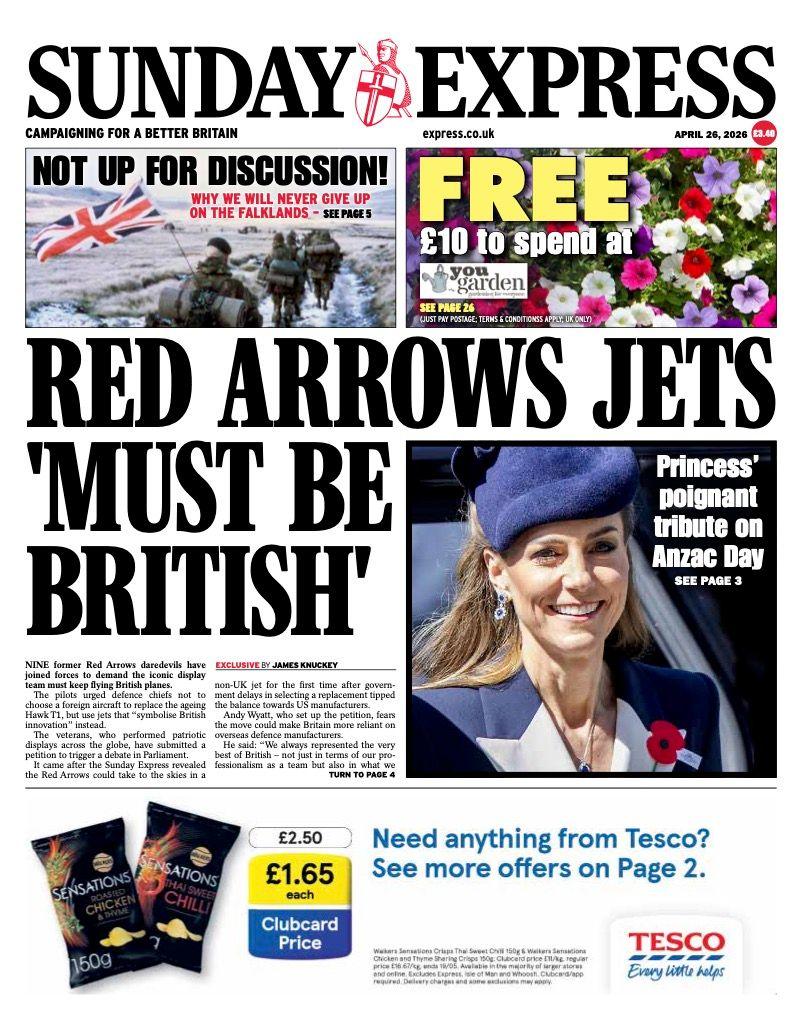 Titulli në faqen e parë të gazetës Sunday Express thotë: “Avionët me shigjeta të kuqe ‘duhet të jenë britanikë’”.